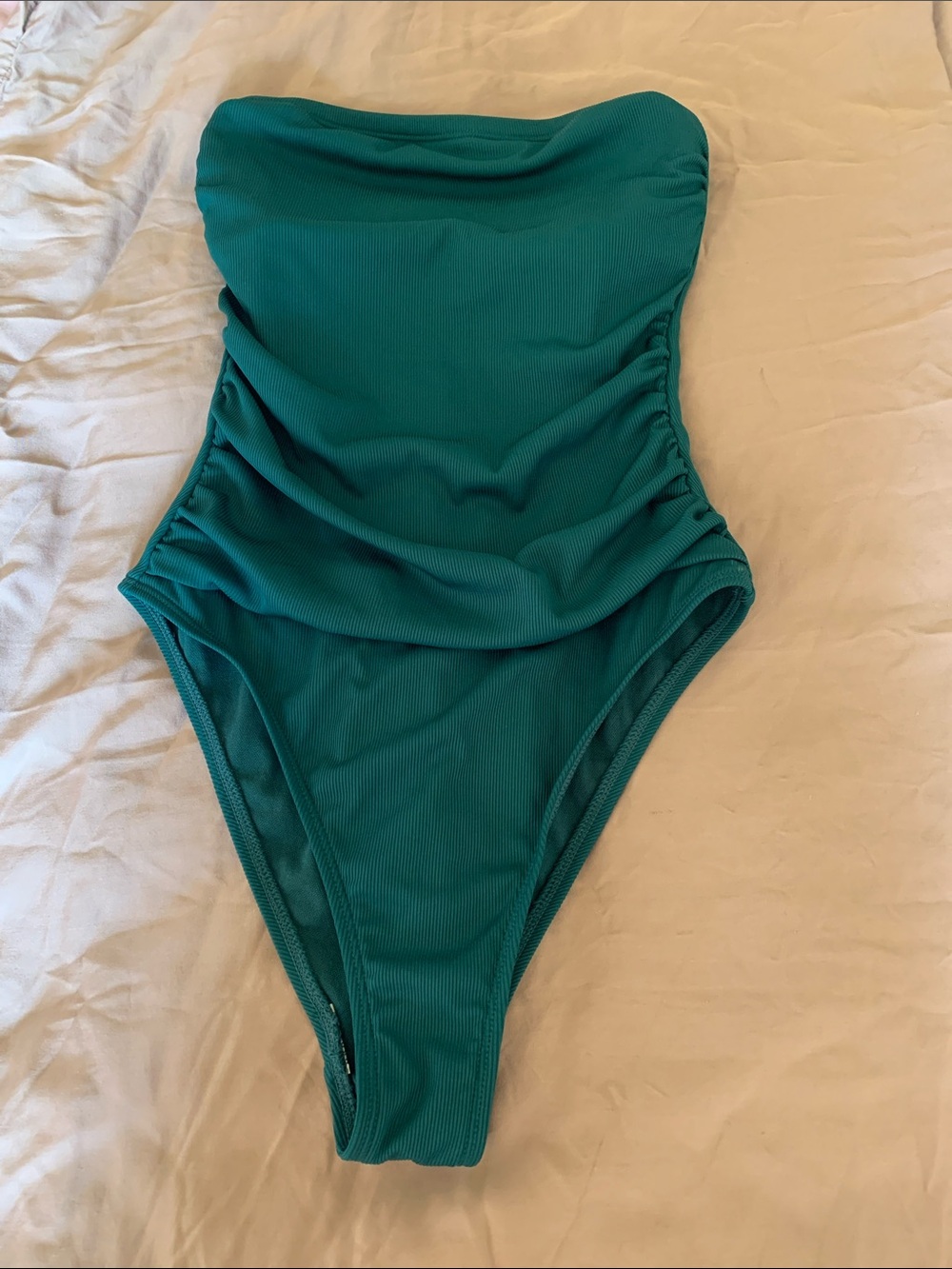 Shade & Shore Strapless Ruched One-Piece Swimsuit in Teal Green